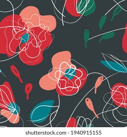 Red poppy in vintage style. Summer garden seamless pattern. Vector drawing. Vector design textiles. Spring floral vector illustration. Dark background. Elegance print.