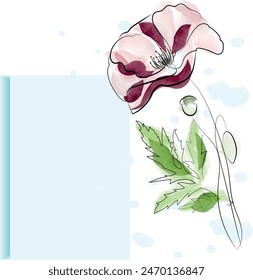 Red poppy in watercolor technique wedding invitation layout. Luxury background and template layout design for invitation card, luxury invitation card and cover template.