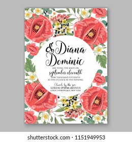 Red poppy wedding invitation vector wild floral template