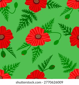 Red poppy wildflowers seamless pattern. Meadow papaver floral background with green leaves and buds. Vector flat design illustration on a green background.