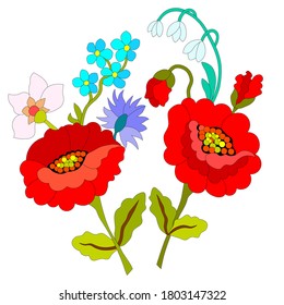 Red poppyes, cornflowers blue, turquoise forget-me-nots, white lilies of the valley, green leaves, set,on a white background,hand-draw for embroidery folk costume,postcard printing, wedding invitation
