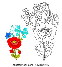 Red poppyes, white lilies of the valley, cornflowers blue, turquoise wildflowers, green leaves, stylized, hand-drawn, black line on white background, use for coloring with watercolors, gouache, marker
