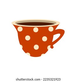 Red porcelain coffee and tea cup illustration. Ceramic mug for matcha, different beverages and drinks with cute Scandinavian pattern flat vector. Crockery, kitchen, cafe concept