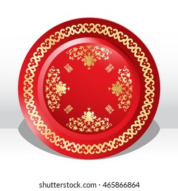 Red porcelain dish with golden ornament in chinese style. Vector.