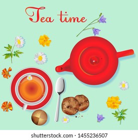 Red porcelain teapot on the table and white cup with tea on the table. Cookies and beautiful wild flowers in vector