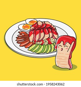 red pork in sauce with rice cartoon character