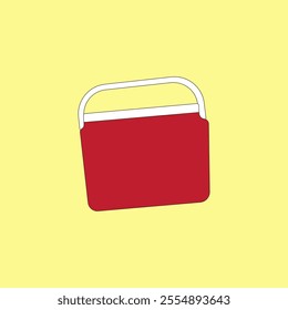 Red portable cooler box vector illustration. Handheld refrigerator for beach, camping or picnic.