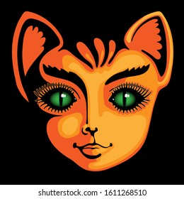Red portrait of a cat woman with green eyes. Avatar for social networks.
