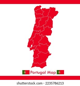Red Portugal map vector with separate cities and territories