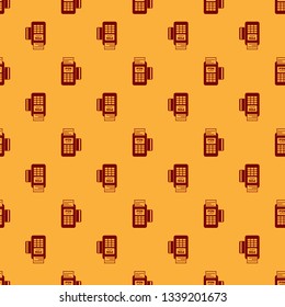 Red POS terminal with inserted credit card and printed reciept icon isolated seamless pattern on brown background. NFC payment concept. Flat design. Vector Illustration