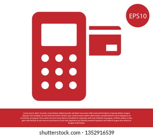 Red Pos terminal with inserted credit card icon isolated on white background. Payment terminal transaction. Vector Illustration