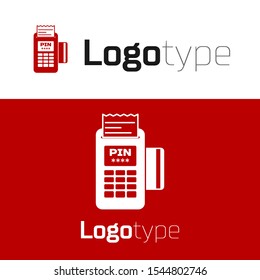 Red POS terminal with inserted credit card and printed reciept icon isolated on white background. NFC payment concept. Logo design template element. Vector Illustration