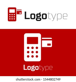 Red Pos terminal with inserted credit card icon isolated on white background. Payment terminal transaction. Logo design template element. Vector Illustration