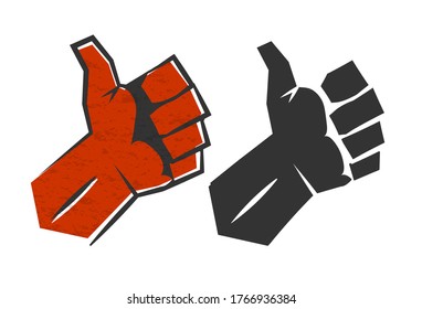 Red positive thumb up gesture symbol of success. Red vector silhouette retro style man hand illustration. Ok logo for votel demonstration. Positive gesture like cartoon emblem.