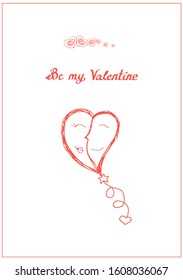 Red post card: heart couple as a baloon with hearts and phrase Be my Valentine. Simple sketch vector illustration can be used in postcards, greeting cards, banners, prints, celebrations e.t.c. EPS10