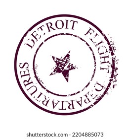 Red post mark. Round stamp with inscription Detroit Flight departartures and big star icon. Template, layout and mock up. Communication, correspondence and letter. Cartoon flat vector illustration