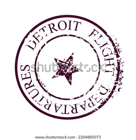 Red post mark. Round stamp with inscription Detroit Flight departartures and big star icon. Template, layout and mock up. Communication, correspondence and letter. Cartoon flat vector illustration