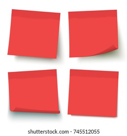 Red post note set. 4 vector notes with curled corners. Sticky note collection isolated on  background. Post it. Vector realistic illustration. 