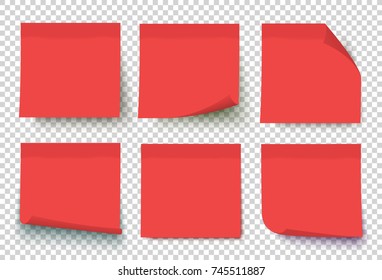 Red post note set vector. Notes with curled corners isolated on transparent background. Sticky note collection.