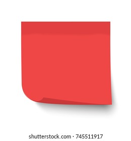 Red post note. Sticky memo, label with curled corner isolated on transparent background. Realistic template, mockup with shadow for your projects. Vector stock illustration. 