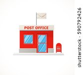 Red post office building and post box made in the flat style isolated on white background. Vector illustration for your graphic design.