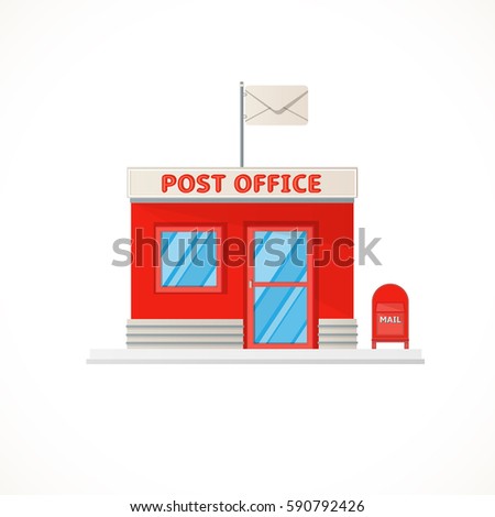 Red post office building and post box made in the flat style isolated on white background. Vector illustration for your graphic design.