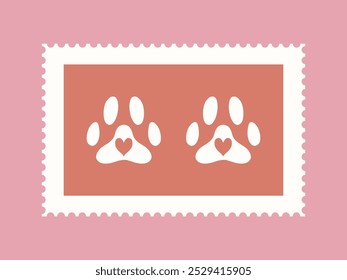 Red postage stamp with cat or dog paws. Communication, connection, letters. Vector illustration