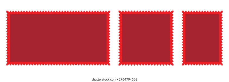 Red postage stamps frame set with perforated borders and empty dark burgundy space for mail, philately, post office, vintage correspondence, isolated on white background vector illustration.