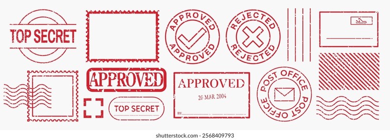 Red postal stamps with 'Approved,' 'Rejected,' and 'Top Secret' labels. Various designs include circles, rectangles, and envelopes. Postal stamps in red. Red stamps, vector set.