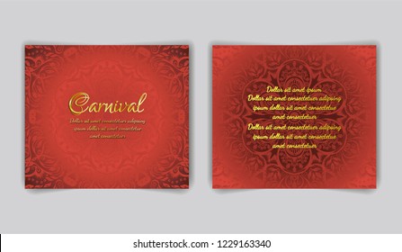 Red postcard with ethnic pattern. Invitation card for carnival. Chinese style, indian style. Gold text.