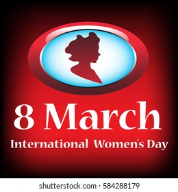 Red postcard with female silhouette and the text 8 March, International Women`s Day written with white letters