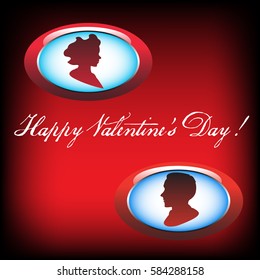 Red postcard with male and female silhouettes and the text Happy Valentine`s Day written with handwritten letters
