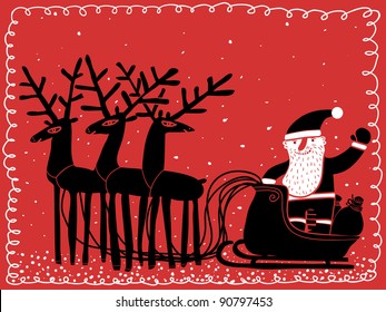 red postcard santa with sleigh and deers