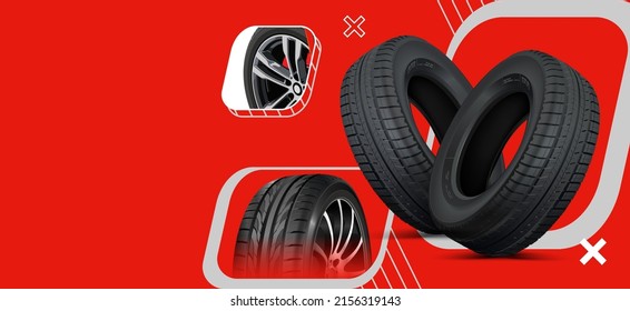 Red poster advertising a set of car wheels. Ready-made poster without text for the sale of wheels and rims. Internet banner layout for promotions. Challenging background. Window, street promo action.