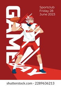 red poster of an American football player. Printed advertising of sports games. Abstract design concept. Vector flat illustration