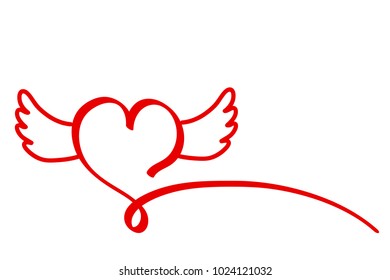 Red Poster Design Valentines Card Heart & Wings, Stock Vector Illustration