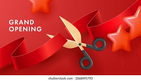 Red poster for grand oppenting event with scissors cutting a red silk ribbon and bunch balloons in shape of stars. 3d render illustration