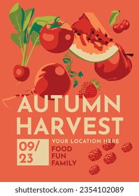 Red poster for harvest festival or farm market promotion. Set of red vegetables and fruits. text. Vector flat illustration