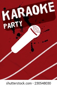 Red poster for karaoke party. Vector white modern microphone.