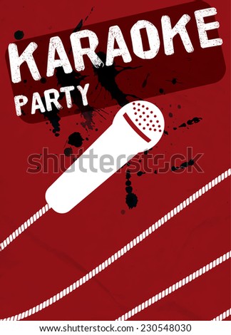 Red poster for karaoke party. Vector white modern microphone.