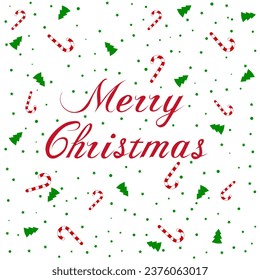 Red poster Merry Christmas with green trees, stars and lollipops isolated on white background. Great for Christmas banners, posters, gift tags and labels.Great print for your design illustration.