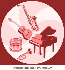 Red poster with musical instruments