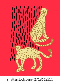Cartel rojo con dos guepardos de dibujos animados.