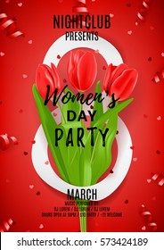 Red poster for Women's Day party. Elegant flyer with paper eight, confetti and serpentine. Vector illustration with red tulips. Invitation to nightclub.