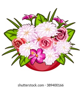 Red pot with bright flowers. The sketch for the spring issue. Vector illustration.