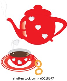 Red pot with a cup and featuring hearts