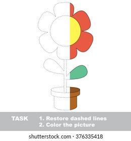 Red pot flower in vector colorful to be traced. Restore dashed line and color the picture. Visual game for kids. Worksheet to be colored.