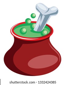 Red pot with green poison and bone floating vector illustration on white background.
