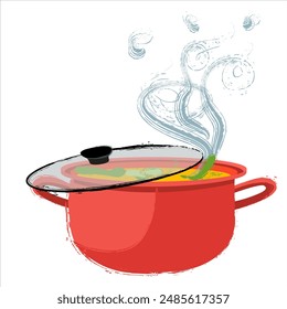 Red pot with hot soup vector image