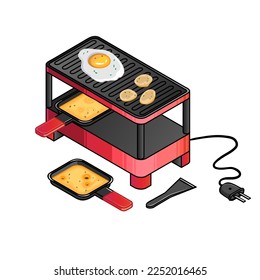 Red pot with melted cheese on plates, cheese raclette and grill, national meal from Switzerland, vector illustration, eps10